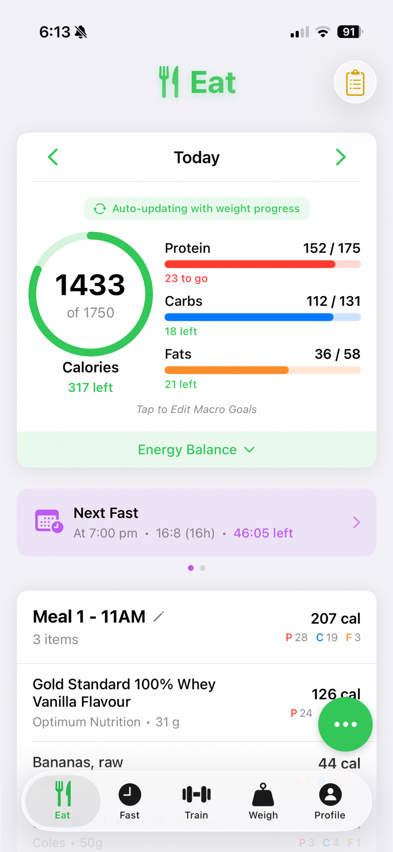 EatFastTrain nutrition dashboard