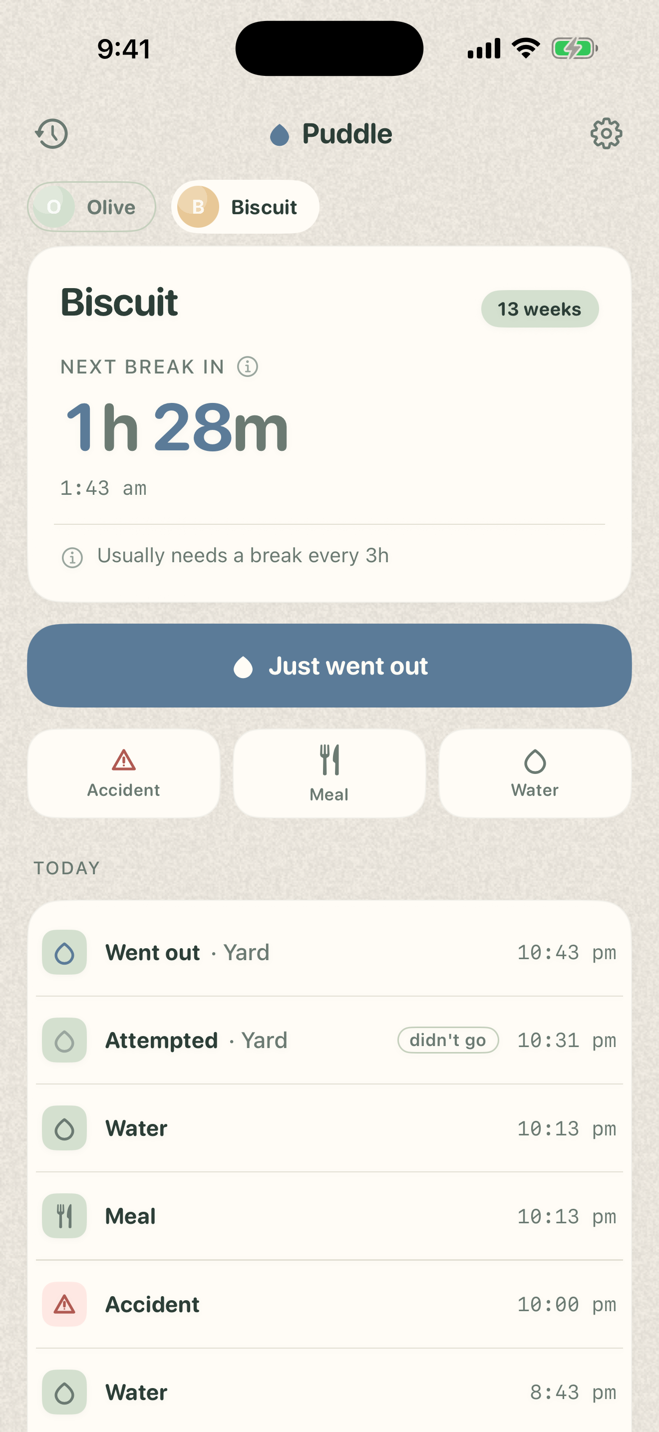 Puddle today screen showing a thirteen-week-old puppy named Biscuit with a one-hour-twenty-minute countdown to the next predicted potty break