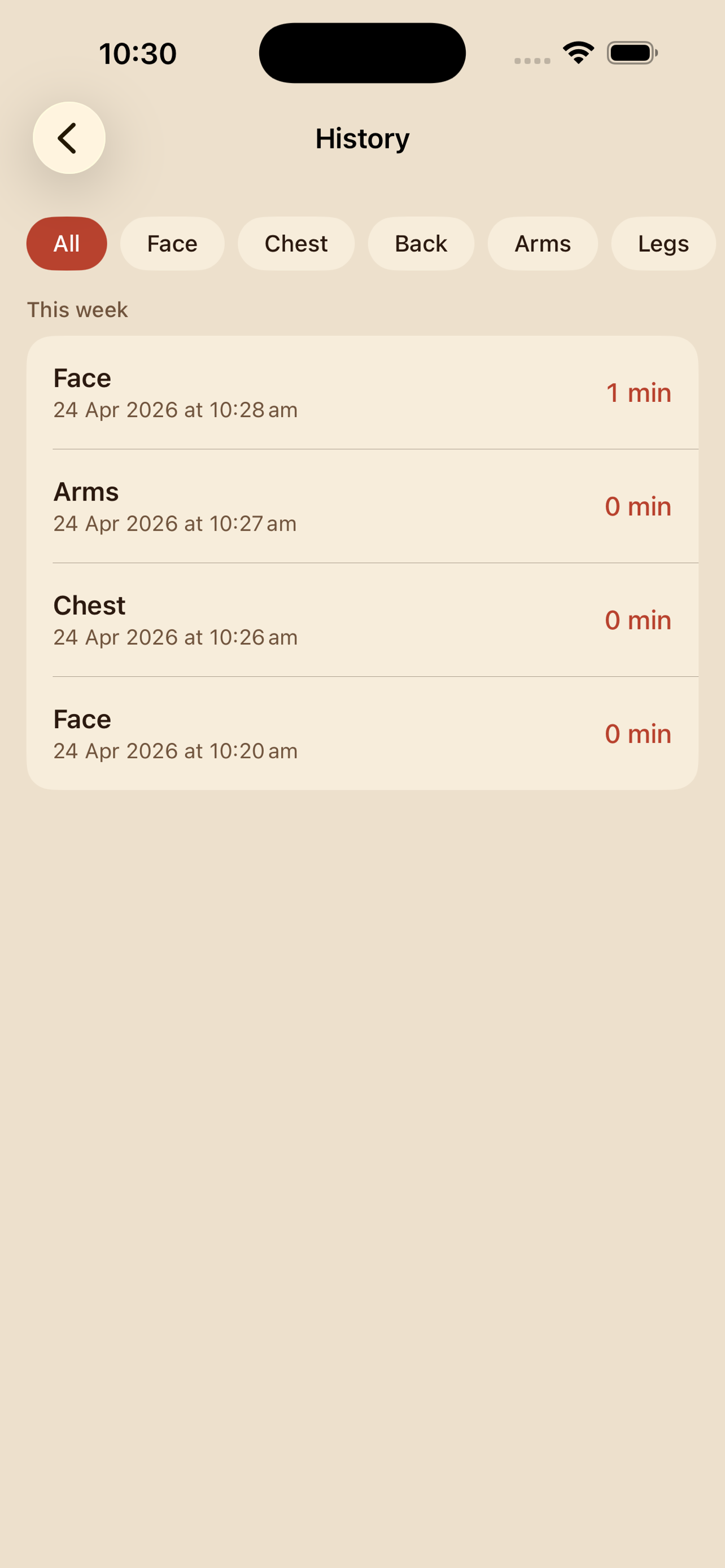 Session history with area filters