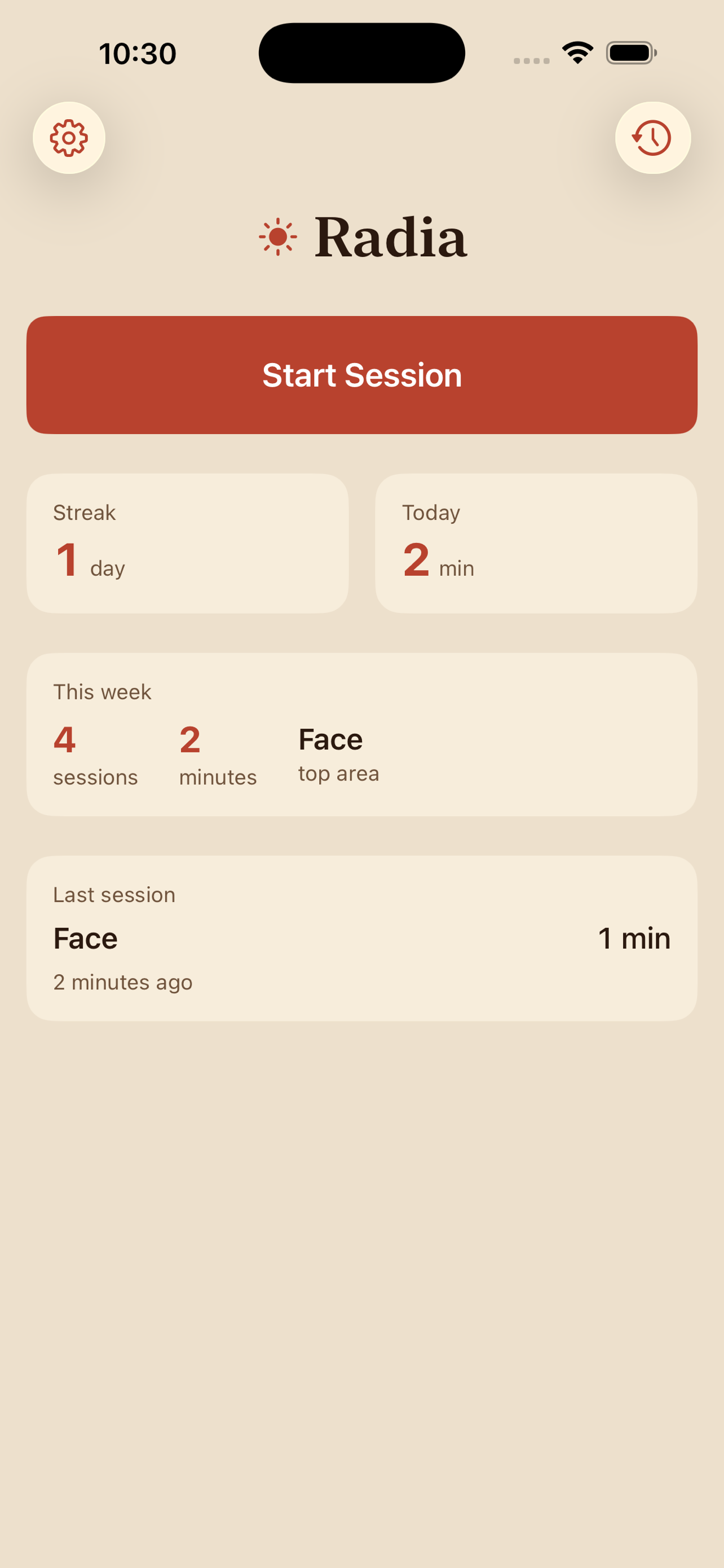 Radia home screen with weekly summary, streak, and last session card